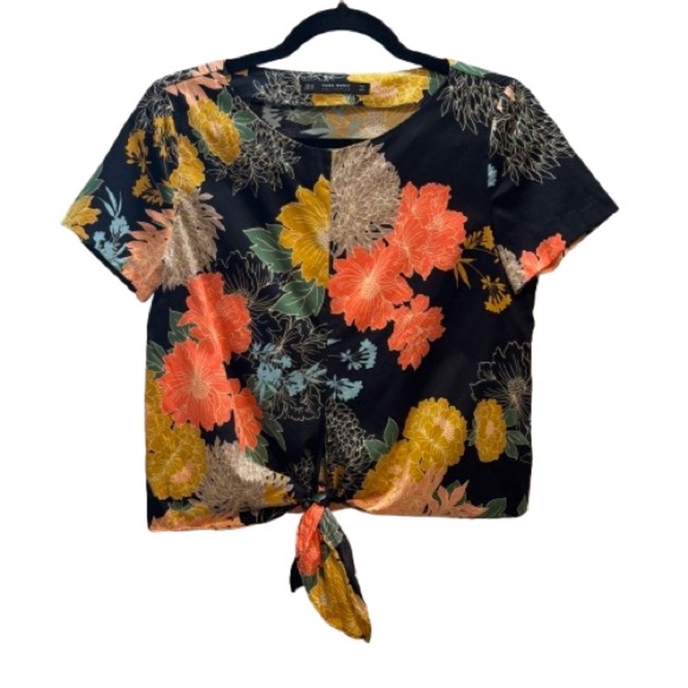 ZARA Basic Tropical Floral Knotted Tie Black Multi Crop Top Size M EUC
